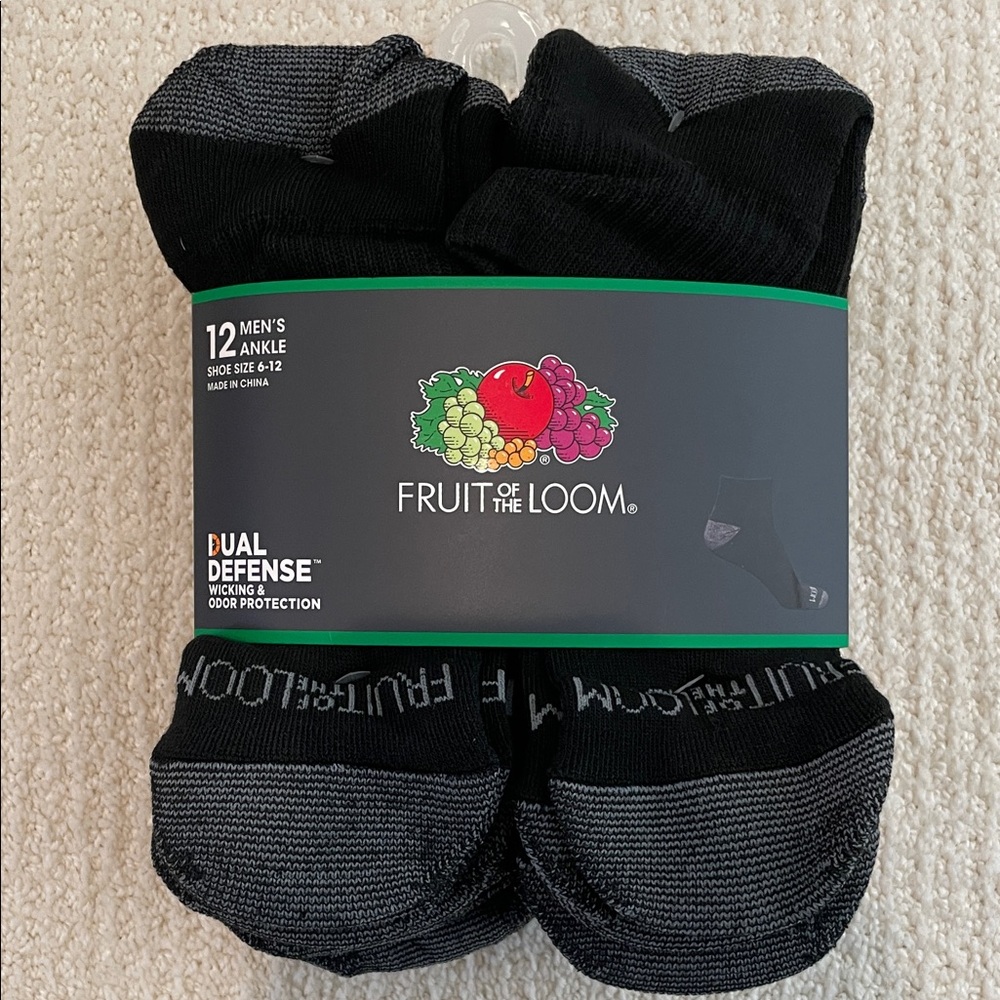 Fruit of the Loom Men’s Black & Gray Ankle Socks - 12 Pack Dual Defense